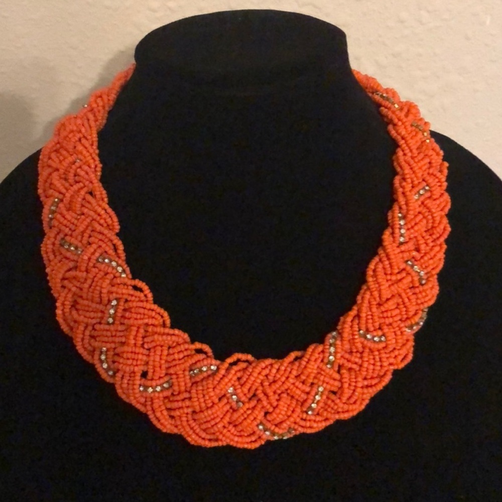 Orange and Rhinestone Beaded Statement Necklace